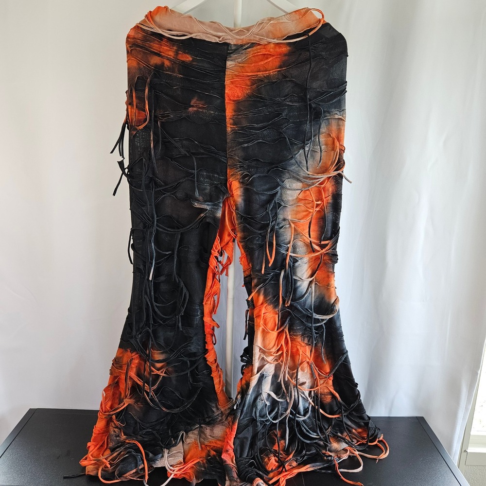Orange Black‎ Fire Tie Dye Fringe Flare Pants Waist 38-42 Bell Leg Festival Rave